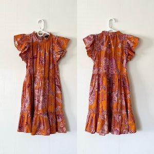 House of Harlow 1960 Orange Floral Bird Boho Tiered Mini Cotton Dress Size Small